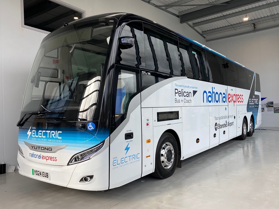 Image of a Yutong electric coach in National Express branding